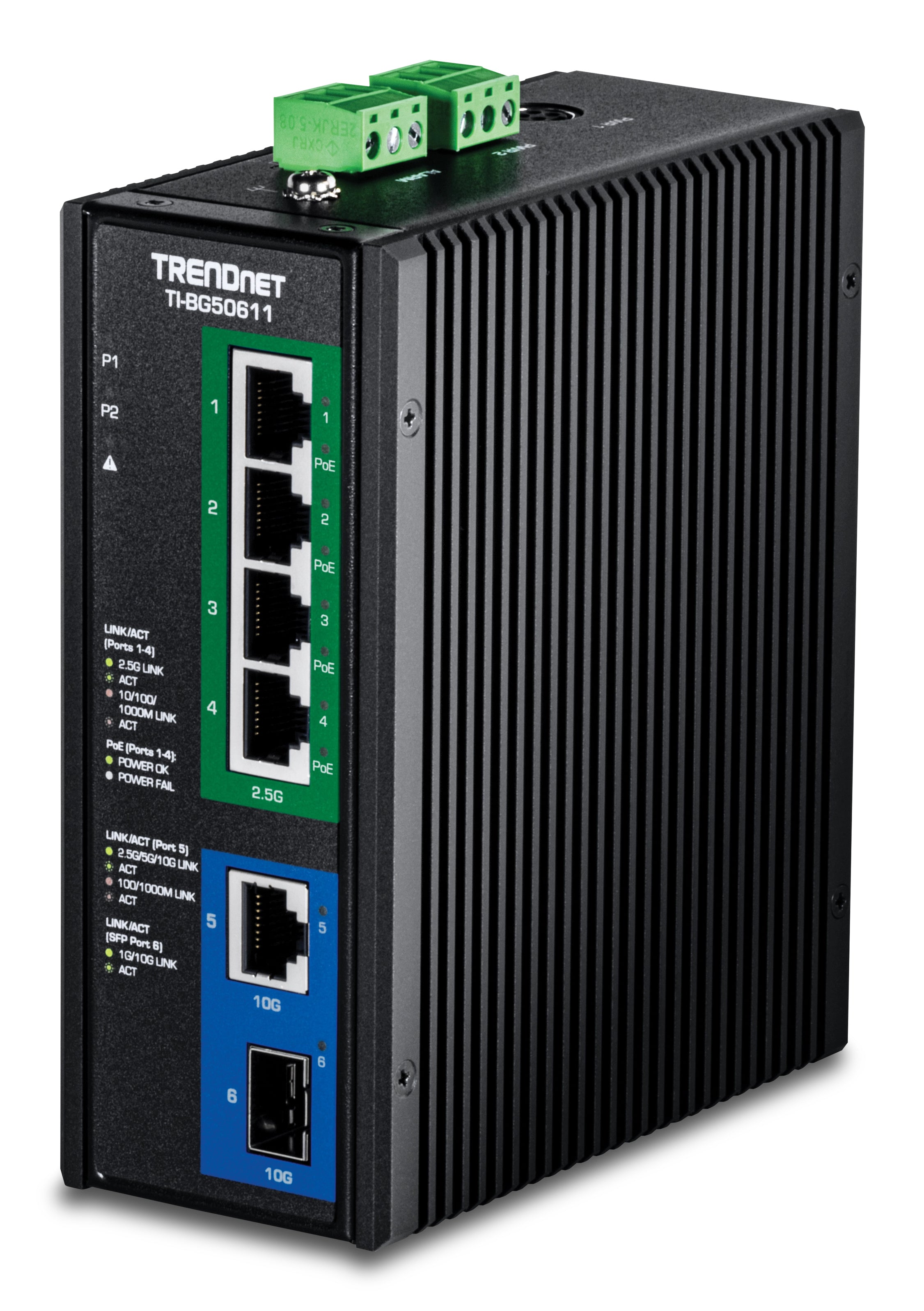 TRENDnet TI-BG50611 – Unmanaged Switch – 4× 2,5G, 1× 10G, 1× SFP+, PoE++, PoE-Budget 240 W, DIN-Rail