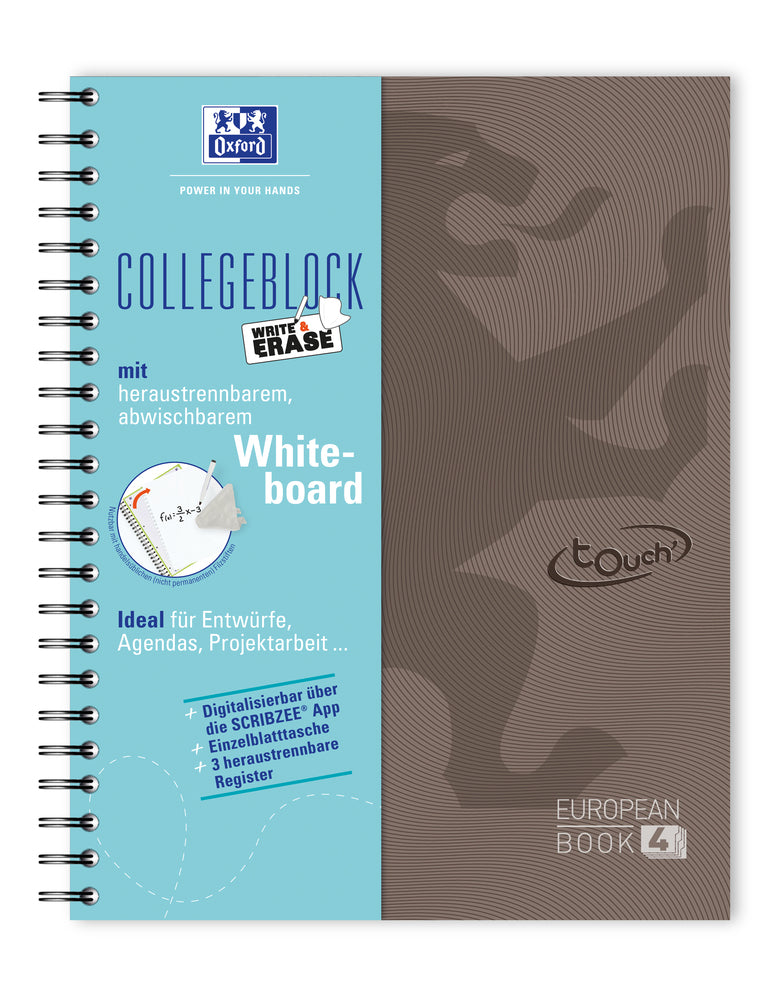 Oxford Collegeblock, Spiralbindung, 120 Blatt, 4-fach gelocht, perforiert, 90 g/m² – Taupe, für SCRIBZEE App