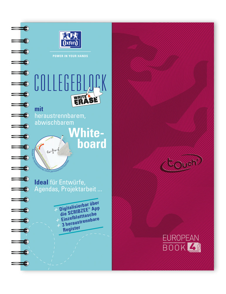 Oxford Collegeblock, Spiralbindung, 120 Blatt, 4-fach gelocht, perforiert, 90 g/m² – Beere, für SCRIBZEE App