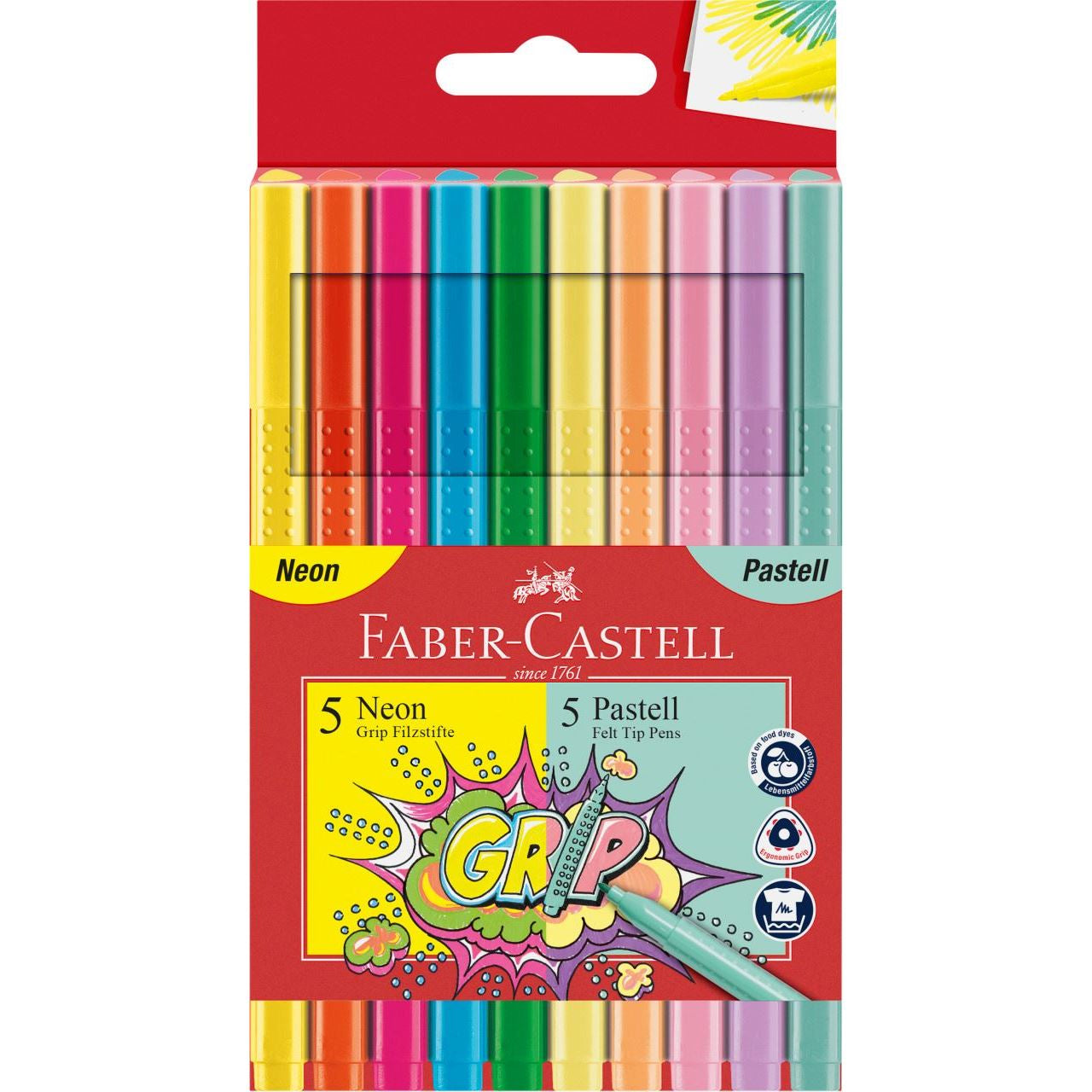 Faber-Castell Grip Colours Filzstifte Neon, Pastell – Feine Spitze, 10 Farben