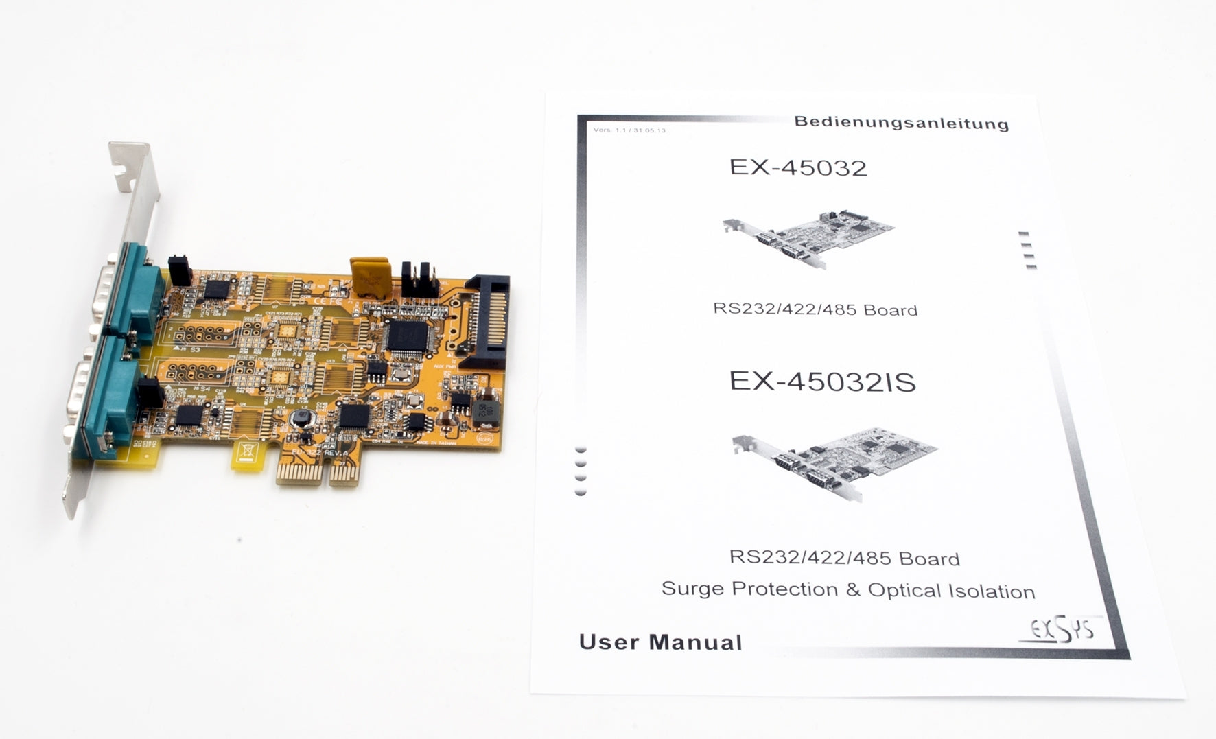 EXSYS EX-45032 PCIe-Karte – 2× RS-232/422/485, 300–921.6 kBaud, Full Profile – für Windows/Linux