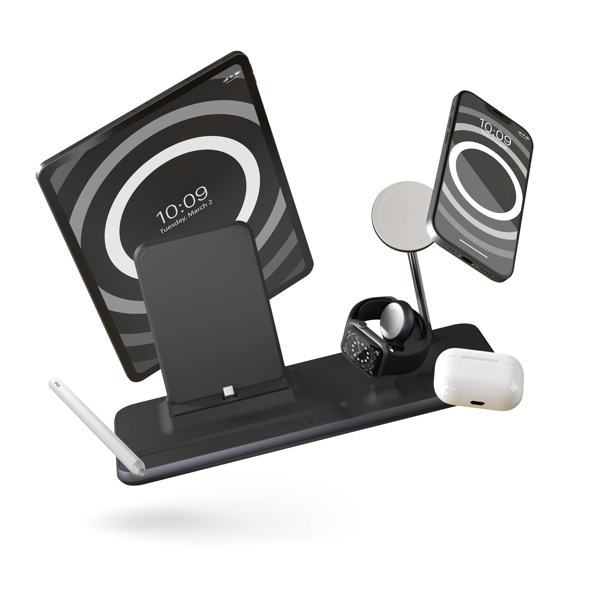 ZENS ZEDC21B/00 Kabelloses Ladegerät 15 W – Qi, PD – USB‑C×1 – 4× gleichzeitig – für Smartphone und mehr – Schwarz