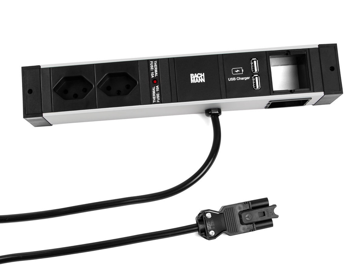 Bachmann DESK RAIL – Tischsteckdosenleiste, 2× T13, 2× USB (5 V/3,1 A), 2,0 m, Stecker GST18