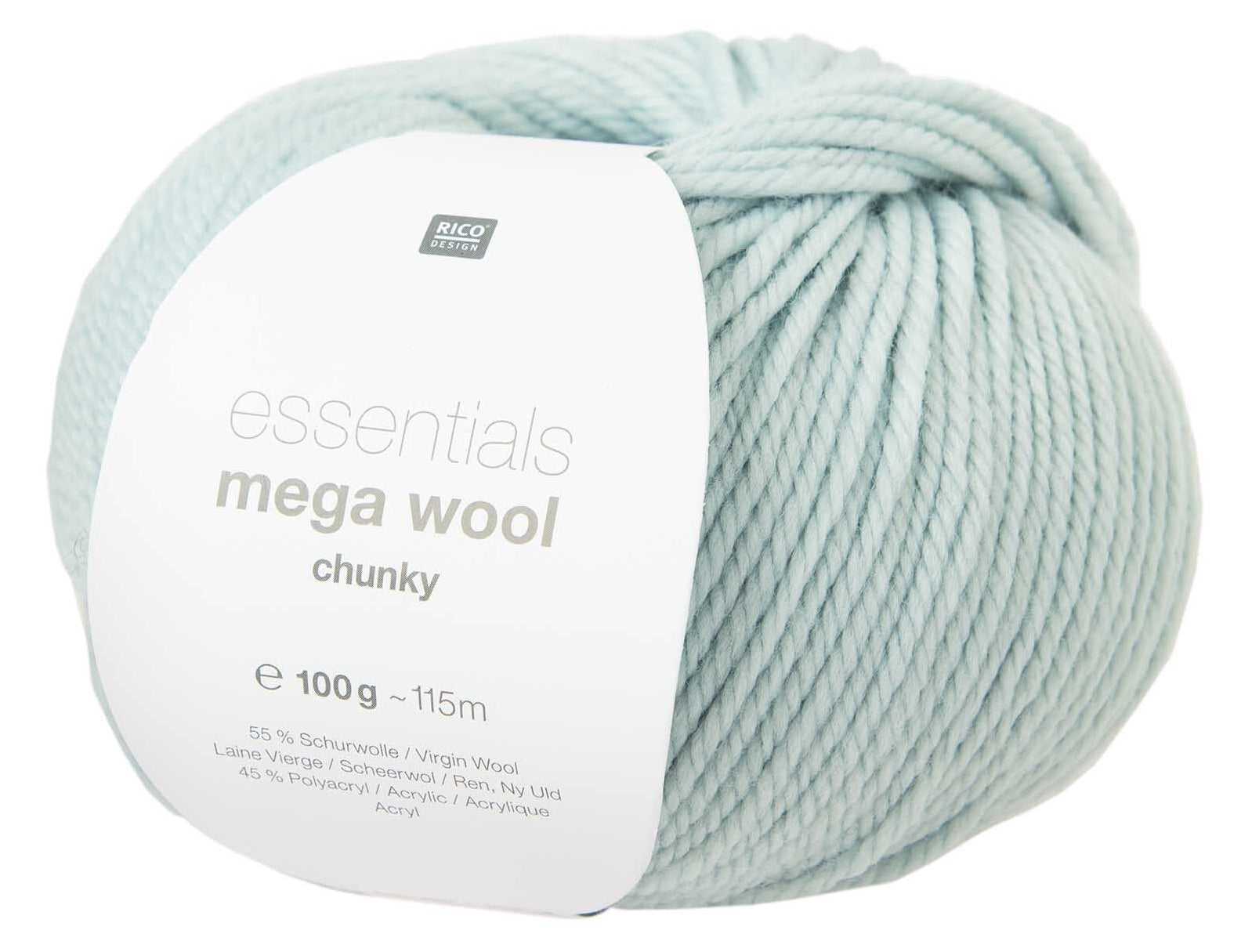 Rico Design Essentials Mega Wool Chunky Wolle Mint – 100 g, 125 m, Nadel 6 mm, 55% Schurwolle/45% Polyacryl