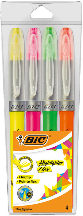 BIC Highlighter Flex Textmarker – 4er Set, Farben: Grün/Orange/Pink …, Pinselspitze 1–4,3 mm