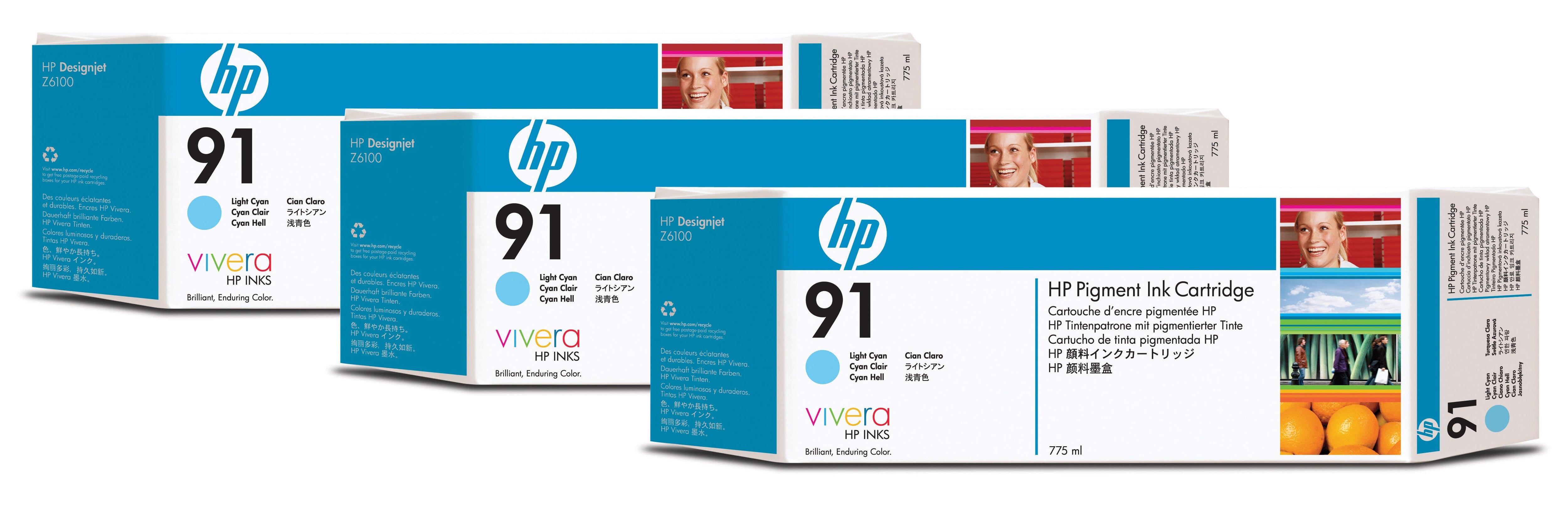 HP Tintenpatronen-Multipack 91 (C9486A), Cyan, 3er-Pack, Original – für Designjet Z 6100