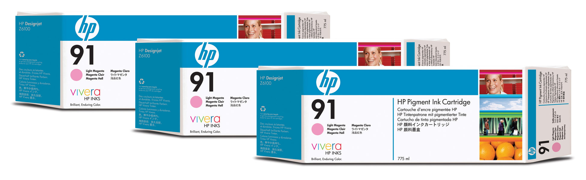 HP Tintenpatronen-Multipack 91 (C9487A), Magenta, 3er-Pack, Original – für Designjet Z 6100