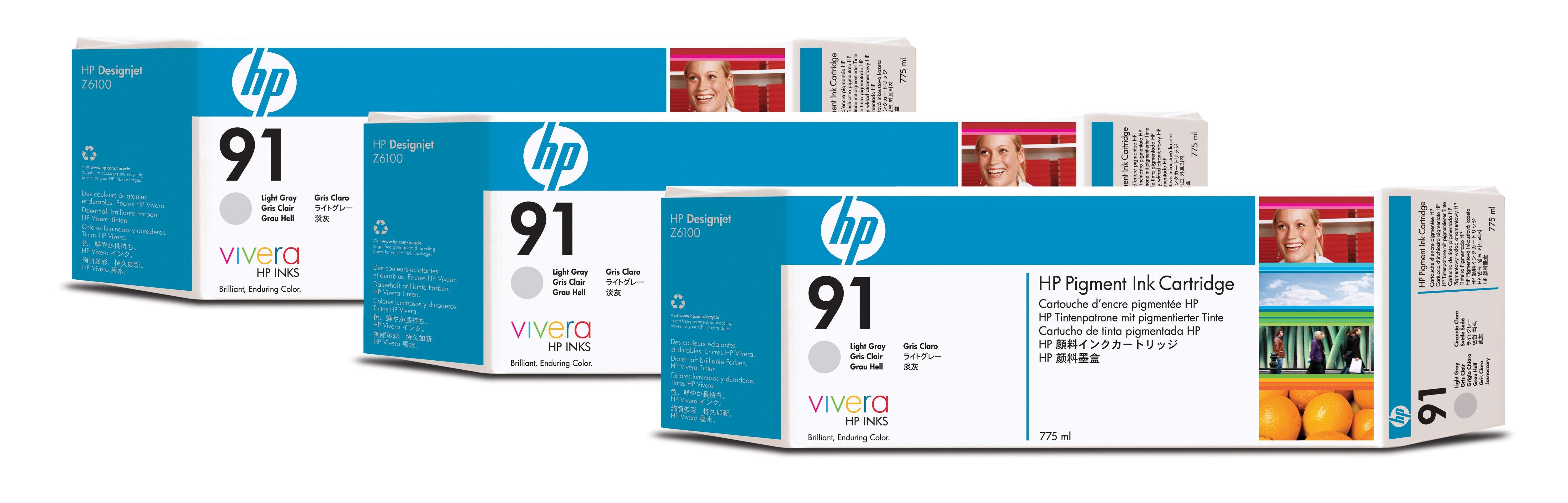 HP Tintenpatronen-Multipack 91 (C9482A), Hellgrau, 3er-Pack, Original – für Designjet Z 6100