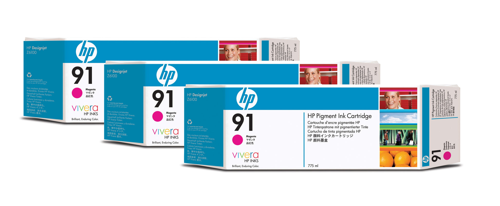 HP Tintenpatronen-Multipack 91 (C9484A), Magenta, 3er-Pack, Original – für Designjet Z 6100 PS
