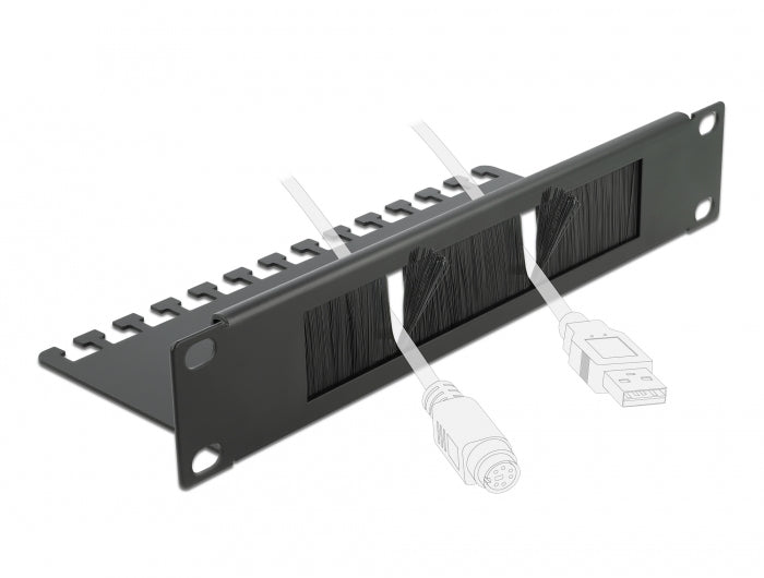 DeLOCK 19" 1U Rangierpanel, Bürstenleiste mit Kabelabfangplatte, Metall/Nylon – Schwarz