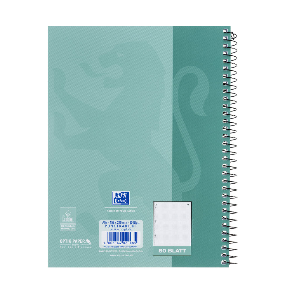 Oxford Collegeblock – A5+ – 90 g/m² – Spiralbindung, mikroperforiert, Ausreisshilfe, Mint, EU Ecolabel