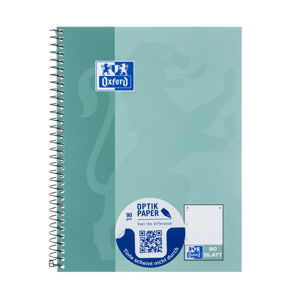 Oxford Collegeblock – A5+ – 90 g/m² – Spiralbindung, mikroperforiert, Ausreisshilfe, Mint, EU Ecolabel