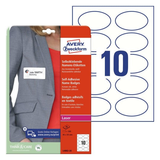 Avery Drucketiketten, 85 mm × 50 mm, weiss, Textil, selbstklebend, wiederablösbar, 200 Etiketten