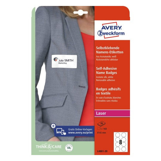 Avery Textiletiketten, Ø 65 mm, weiss, Textil, selbstklebend, wiederablösbar, 160 Etiketten (20 Blatt)