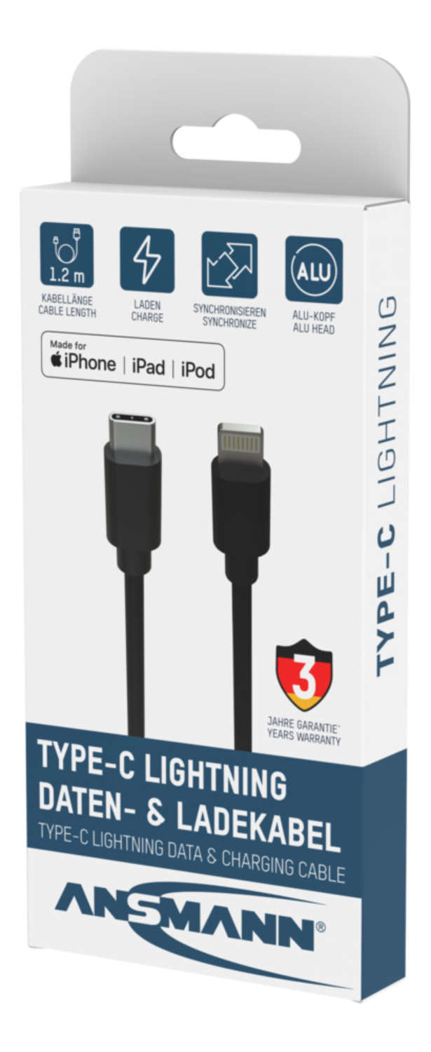 Ansmann USB-C auf Lightning Kabel, 1,2 m, Schwarz