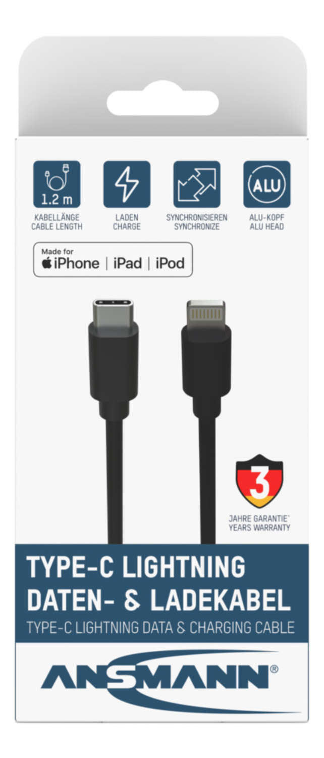 Ansmann USB-C auf Lightning Kabel, 1,2 m, Schwarz