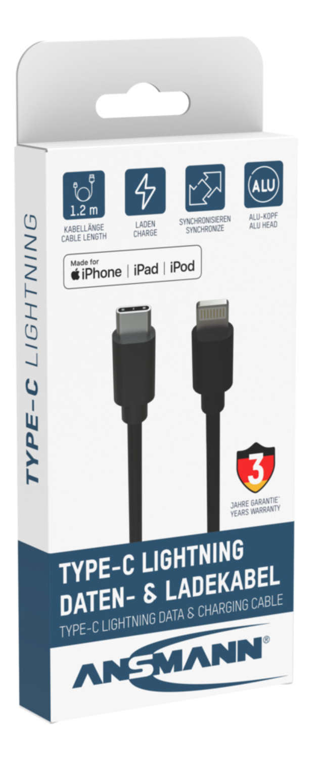 Ansmann USB-C auf Lightning Kabel, 1,2 m, Schwarz