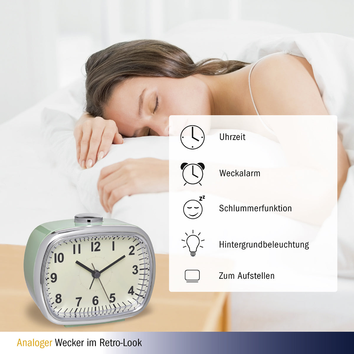 TFA-Dostmann TFA Dostmann Quarz-Wecker – Analog, Schlummerfunktion, 11,0 × 9,2 × 6,0 cm, Mint, Kunststoff