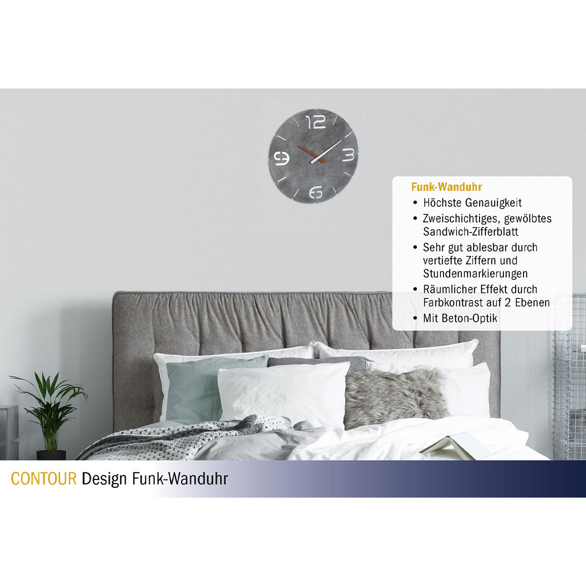 TFA-Dostmann TFA Dostmann CONTOUR Wanduhr – Funk, analog, Ø 35 cm, grau, Kunststoff