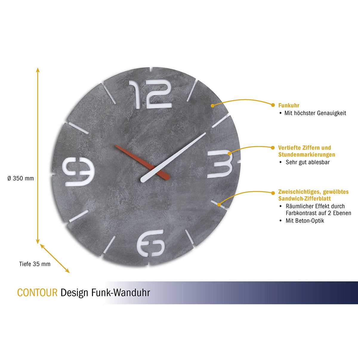 TFA-Dostmann TFA Dostmann CONTOUR Wanduhr – Funk, analog, Ø 35 cm, grau, Kunststoff