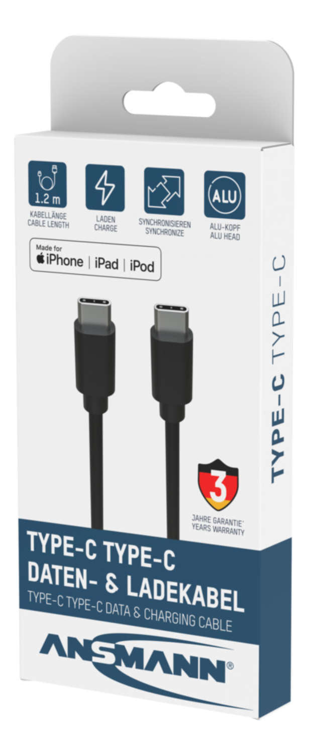 Ansmann USB-C auf USB-C Kabel – USB 3.2 Gen 1 (5 Gbit/s) – 1,2 m – TPE-Mantel – Schwarz