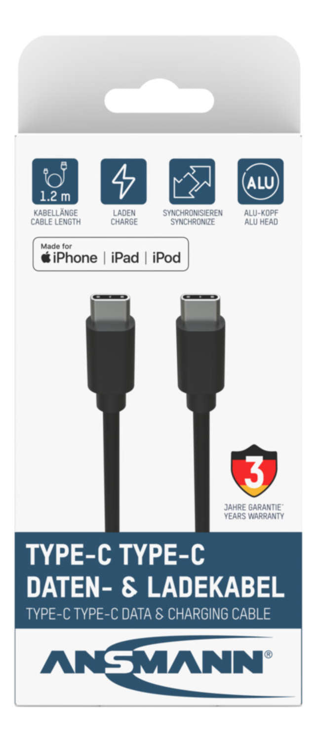 Ansmann USB-C auf USB-C Kabel – USB 3.2 Gen 1 (5 Gbit/s) – 1,2 m – TPE-Mantel – Schwarz