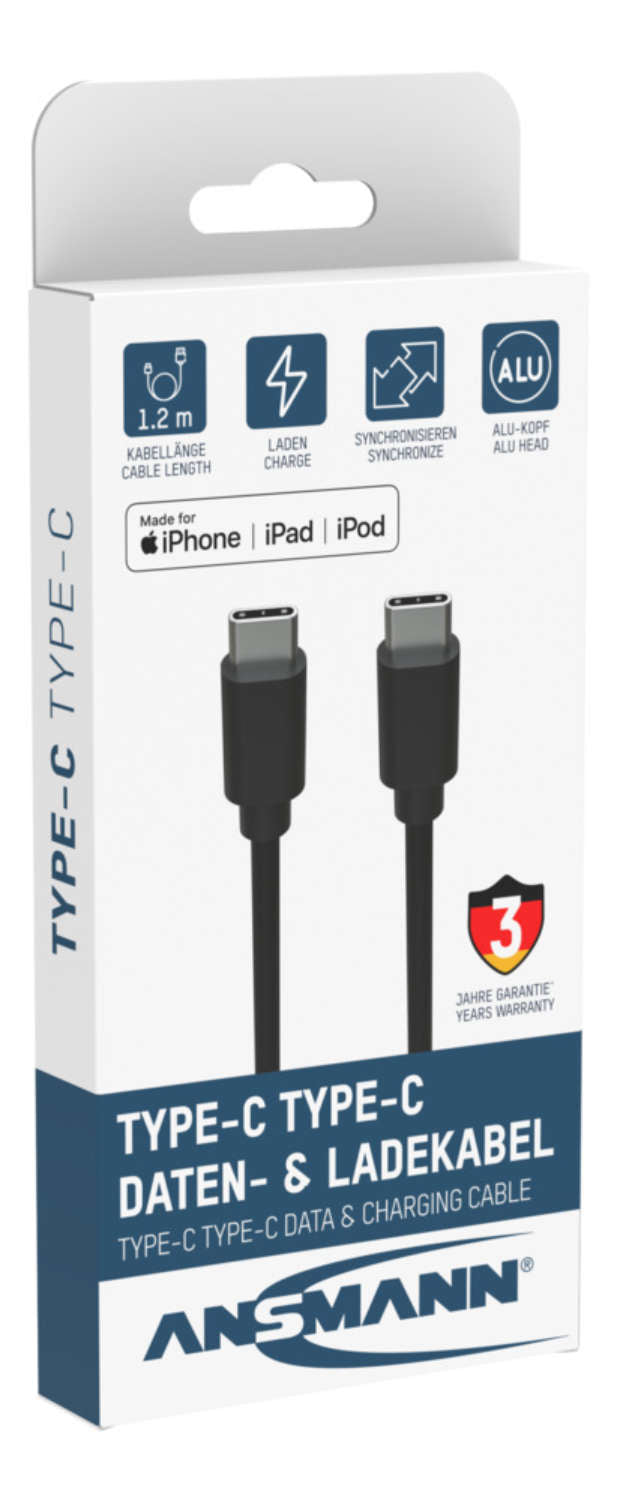 Ansmann USB-C auf USB-C Kabel – USB 3.2 Gen 1 (5 Gbit/s) – 1,2 m – TPE-Mantel – Schwarz