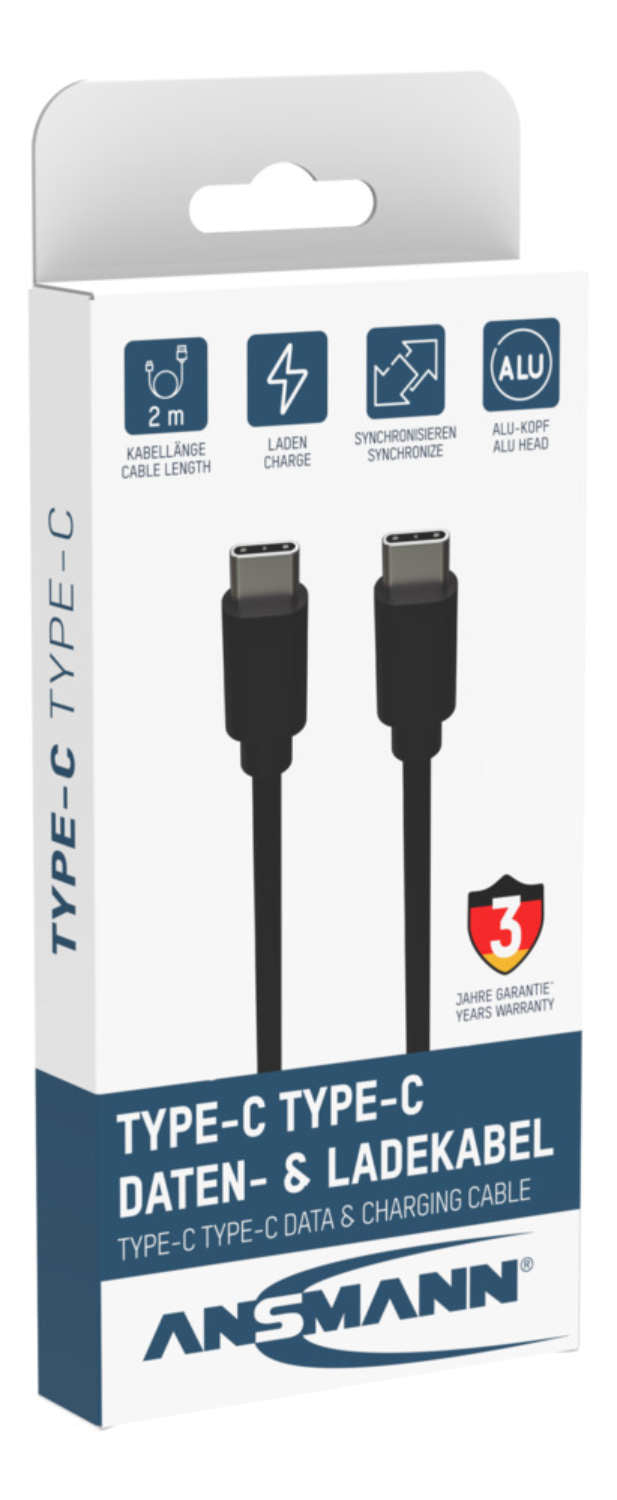 Ansmann USB-C auf USB-C Kabel – USB 3.2 Gen 1 (5 Gbit/s) – 2 m – TPE – Schwarz