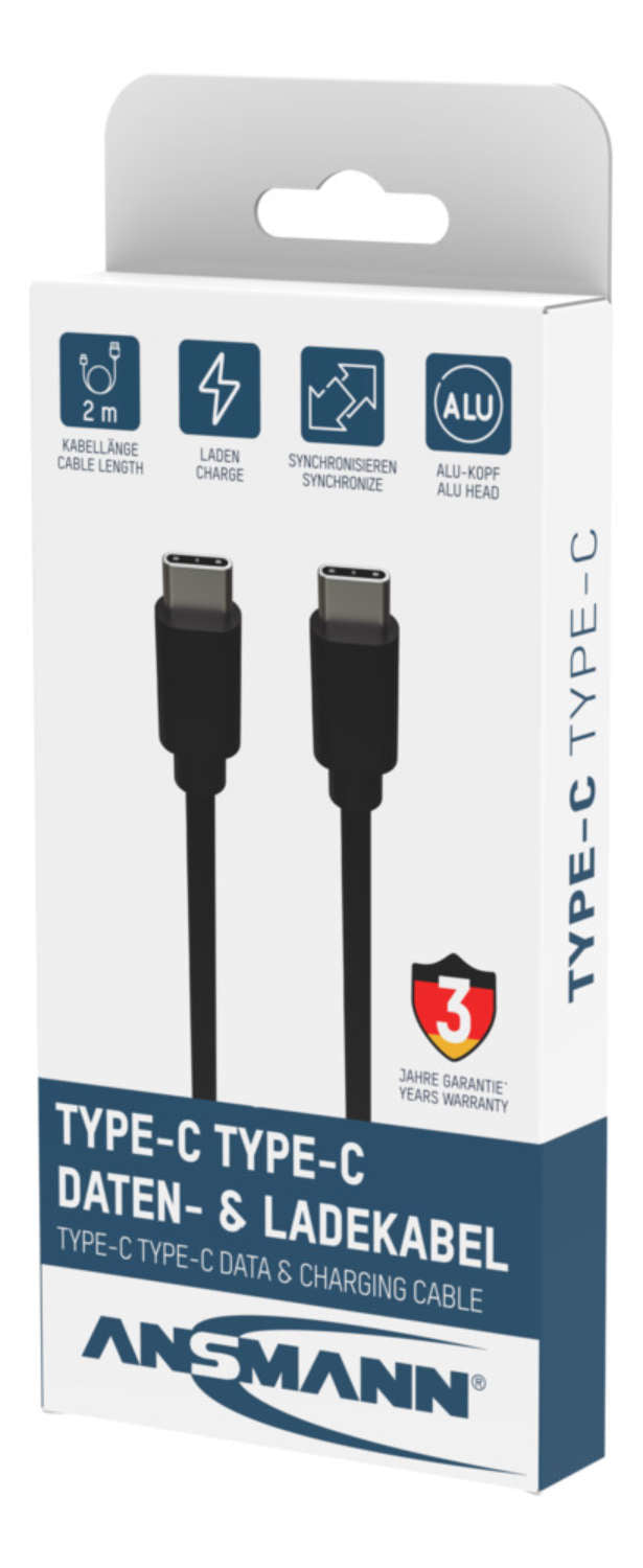Ansmann USB-C auf USB-C Kabel – USB 3.2 Gen 1 (5 Gbit/s) – 2 m – TPE – Schwarz