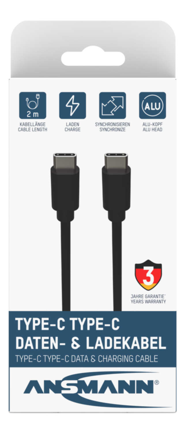 Ansmann USB-C auf USB-C Kabel – USB 3.2 Gen 1 (5 Gbit/s) – 2 m – TPE – Schwarz