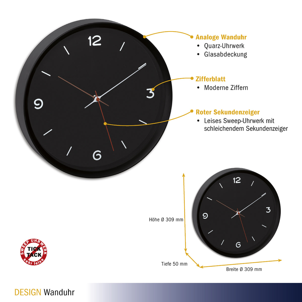 TFA-Dostmann TFA Dostmann Wanduhr – Analog, Ø 30,9 cm, Schwarz, Kunststoff/Glas