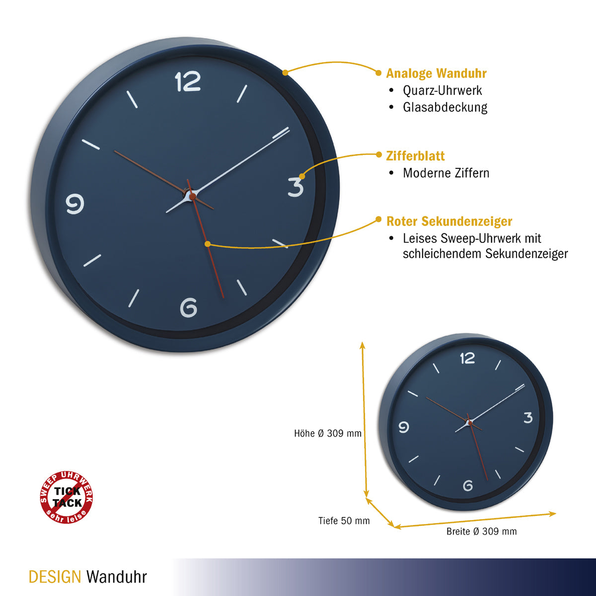 TFA-Dostmann TFA Dostmann Wanduhr – Analog, lautlos, Ø 30,9 cm, Petrol, Glas