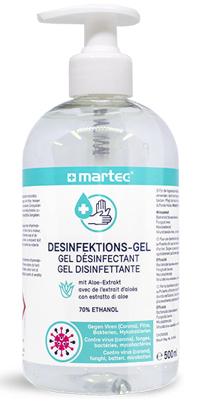 MARTEC Desinfektionsgel – Kunststoff, weiss, 74 × 185 × 74 mm (B×H×T), 500 ml, mit Pumpe