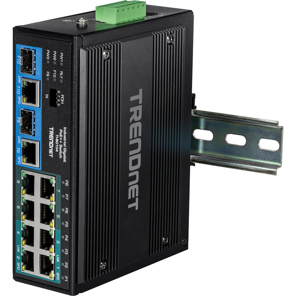 TRENDnet TI-BG104 – Unmanaged Switch – 8× 1G, 2× Combo (SFP/RJ-45), PoE++, PoE-Budget 360 W, DIN-Rail
