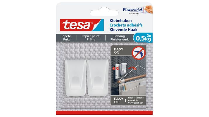 TESA Haken – weiss – selbstklebend – für Tapete und Putz – 0,5 kg – 2 Stück