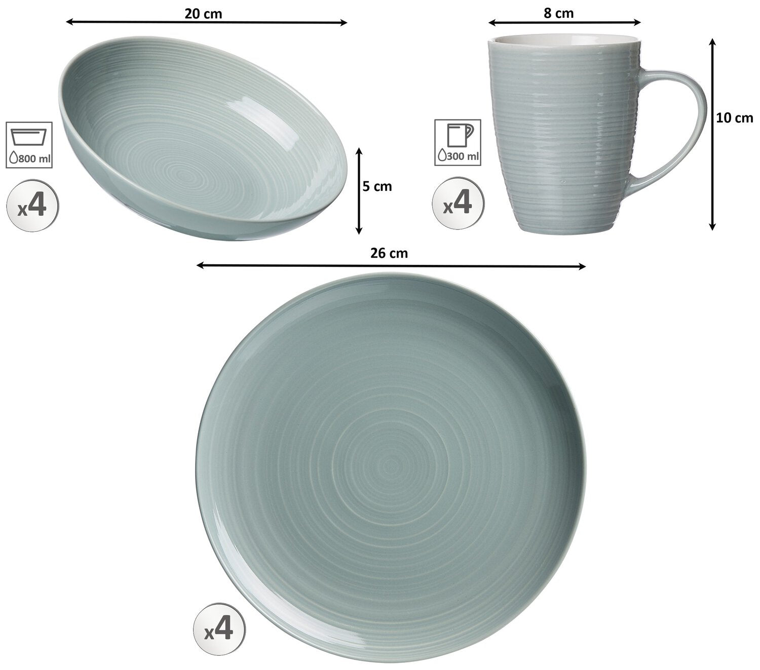 Ritzenhoff & Breker Geschirrset Suomi – 12-teiliges Set, Ø 26/Ø 20 cm, Porzellan, Grau, spülmaschinenfest