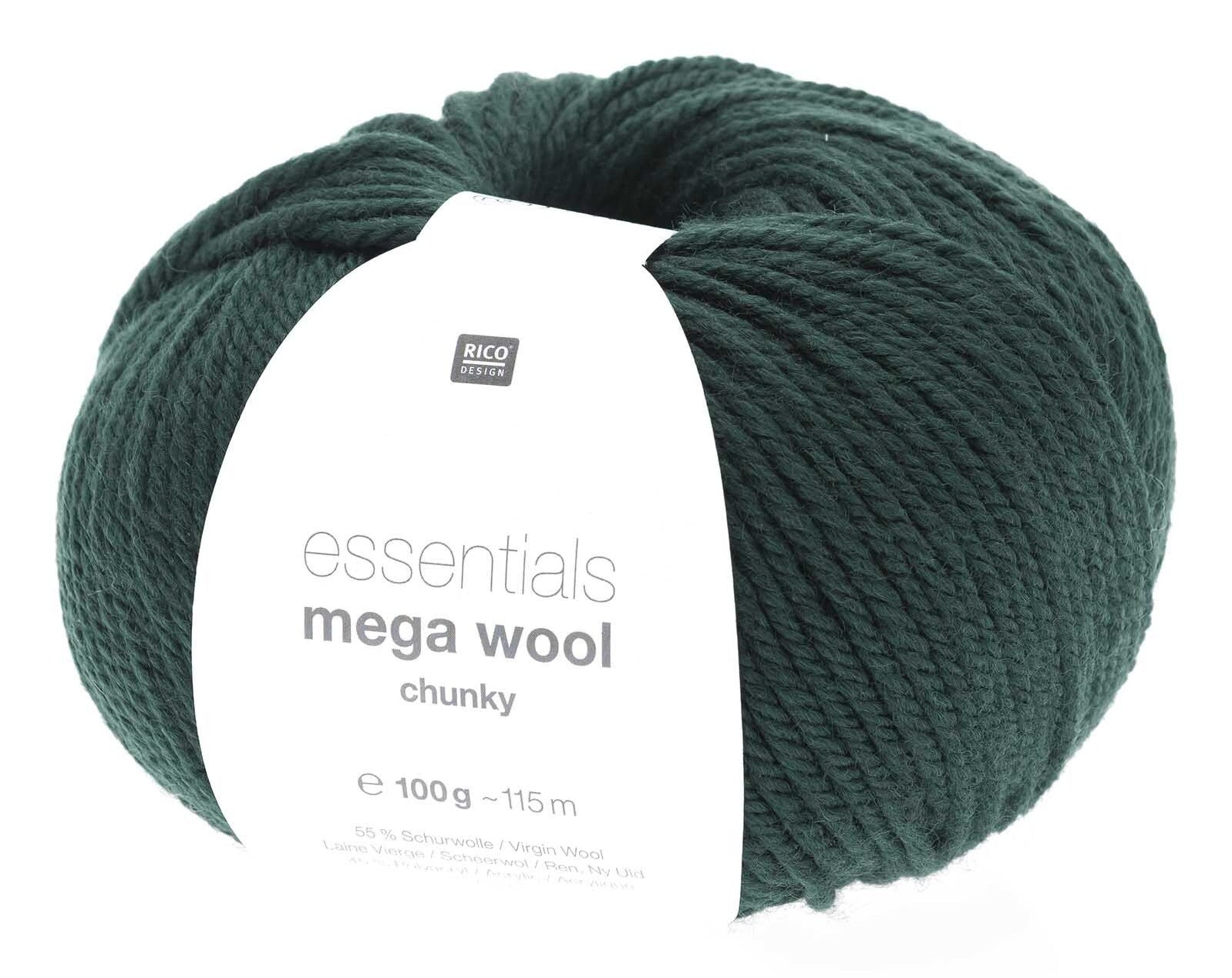 Rico Design Essentials Mega Wool Chunky Wolle Efeugrün – 100 g, 125 m, Nadel 6 mm, 55% Schurwolle/45% Polyacryl