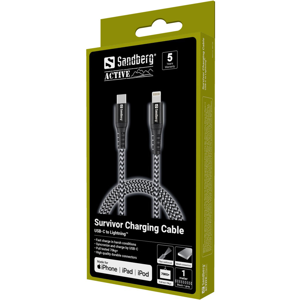 Sandberg USB-C auf Lightning Kabel – 1 m – Kevlar, Nylon – Schwarz/Weiss