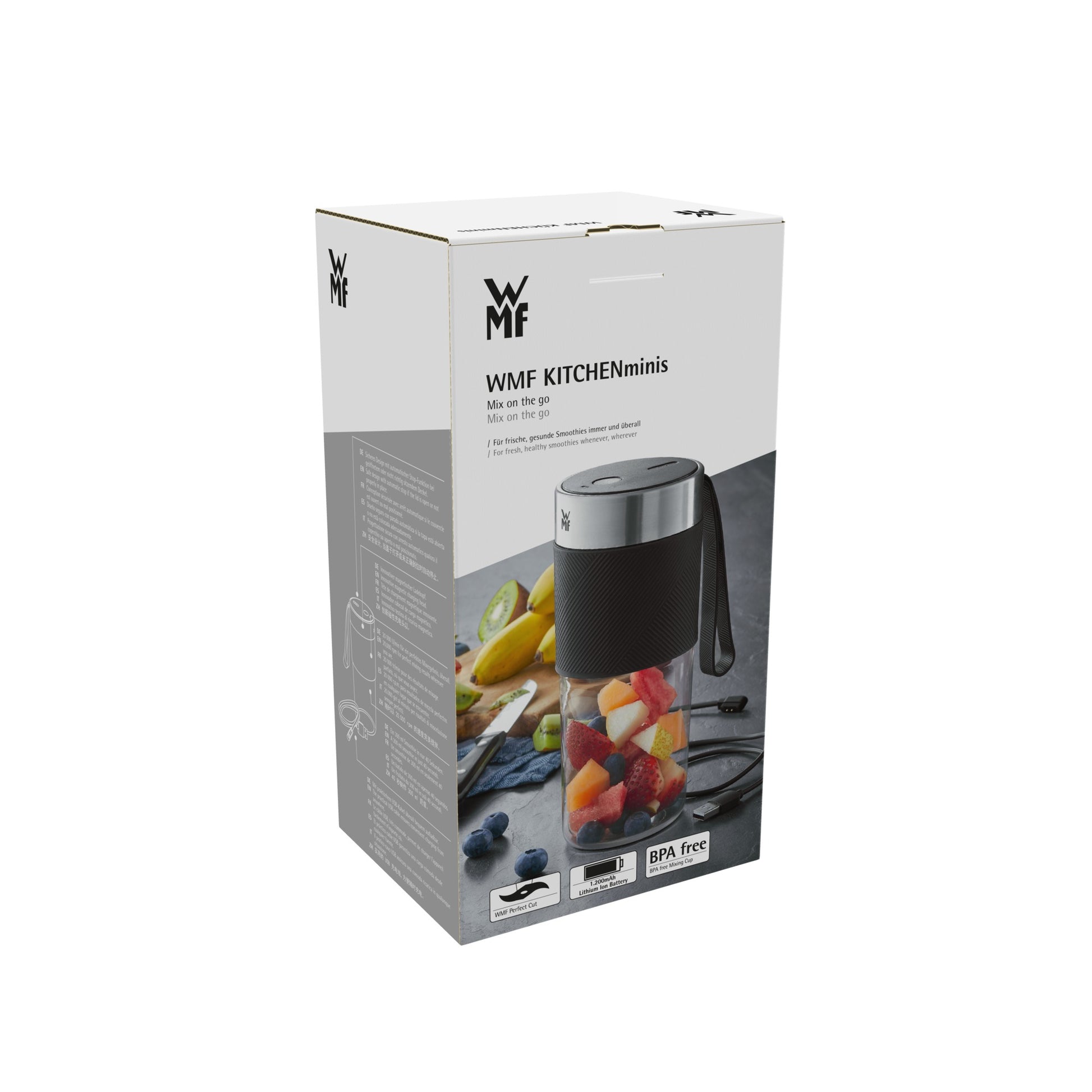 WMF Smoothie-Mixer KITCHENminis 0416700011 – 300 ml, 50 W, Akku – schwarz/edelstahl/transparent