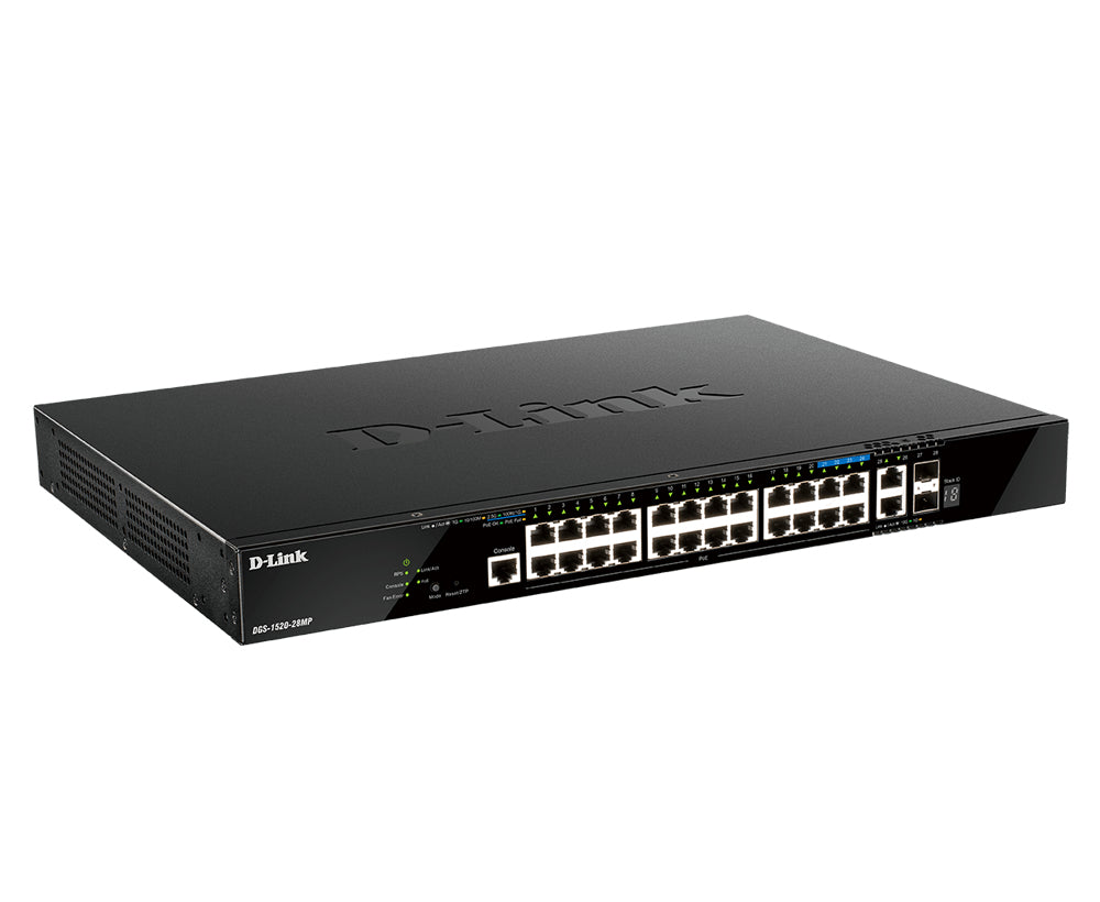 D-Link DGS-1520-28MP/E – Managed PoE+ Switch, 24x RJ-45 1G, 4x 2,5G, 2x 10G, 2x SFP+, PoE 370 W, 1U