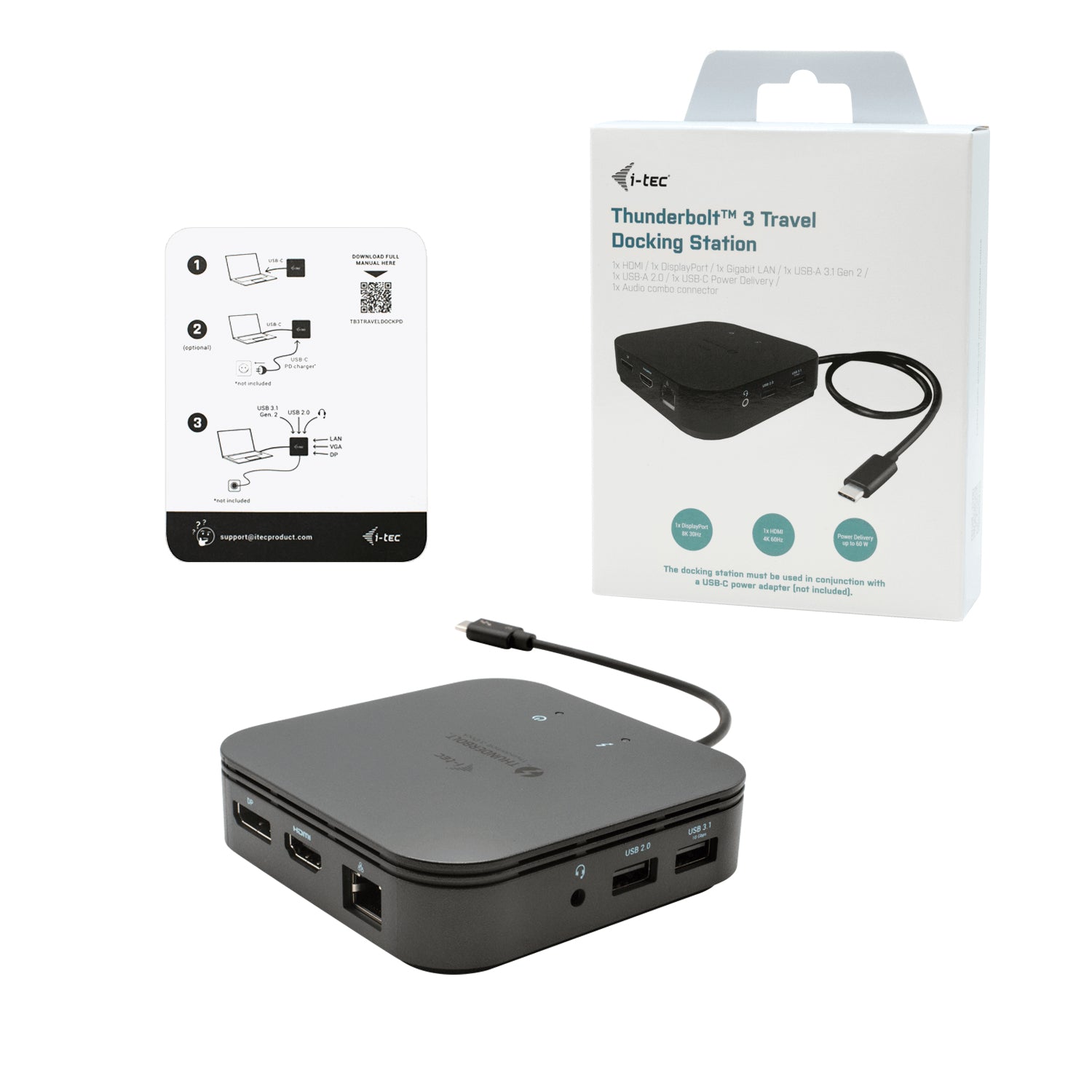 i-tec Dockingstation – Thunderbolt 3, 1× DP, 1× HDMI, 2× USB-A, 1× USB-C, 60 W PD, GbE, für Windows/Mac/Linux