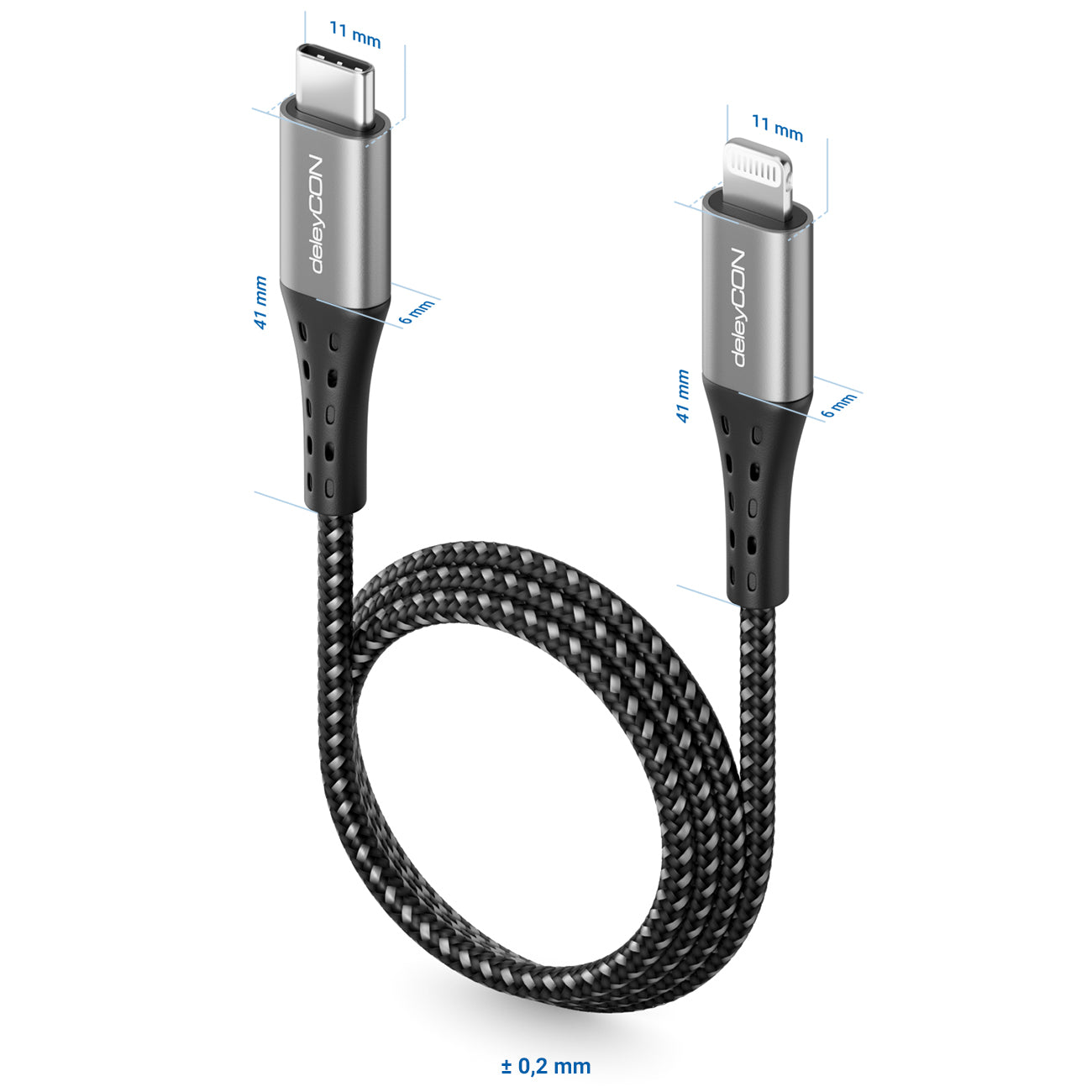 DeleyCON Kabel – USB-C auf Lightning 1 m, MFi zertifiziert, geflochten, Schwarz – für iPhone/iPad