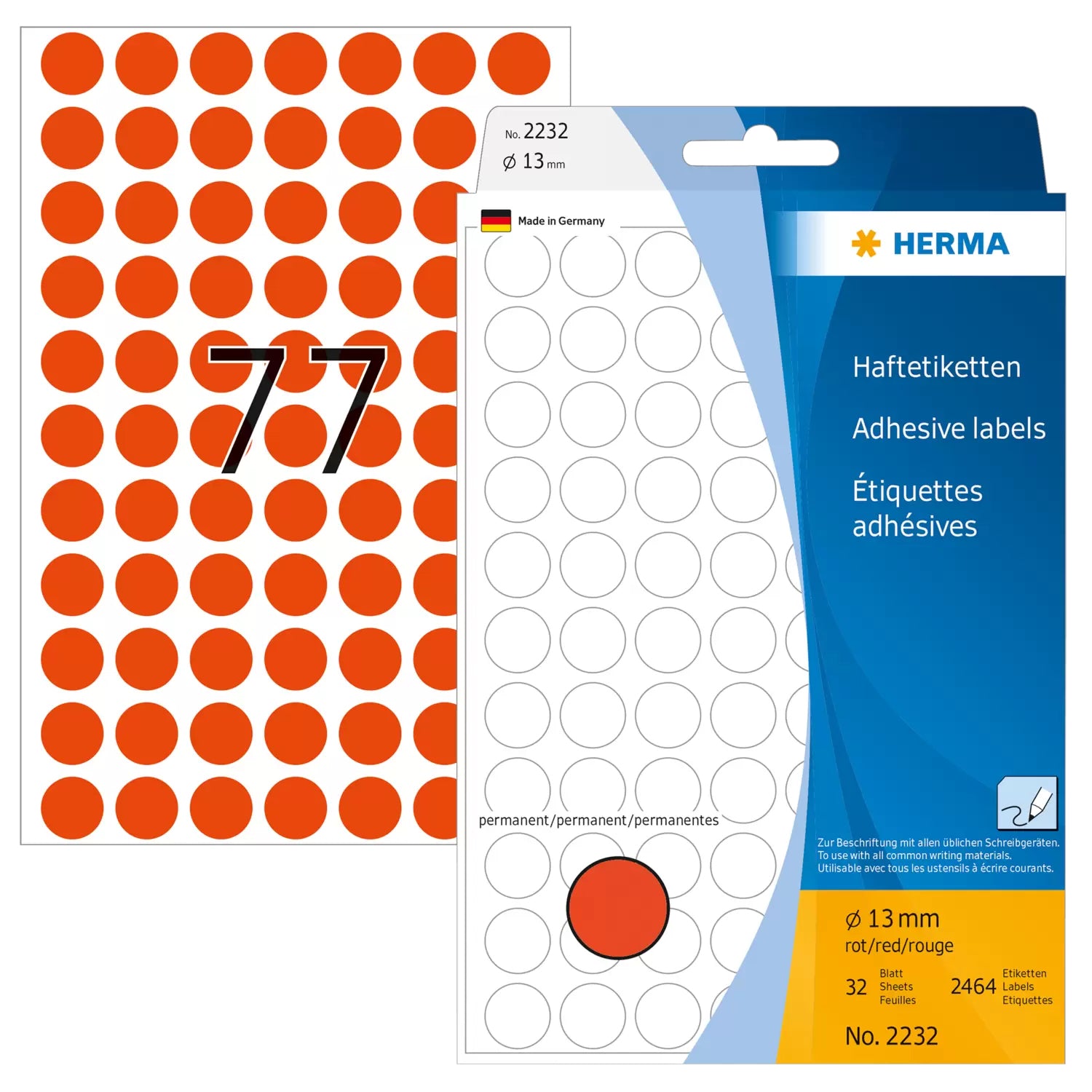 HERMA Haftetiketten – rund Ø 13 mm, permanent, rot, Bogen 111 × 170 mm, 32 Blatt (2'464 Stk.)