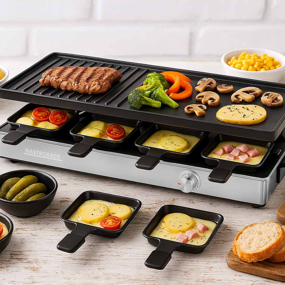 Gastroback Raclette 42563 – 8 Personen, 1700 W, 12 Pfännchen, Aluminiumguss – schwarz/edelstahl
