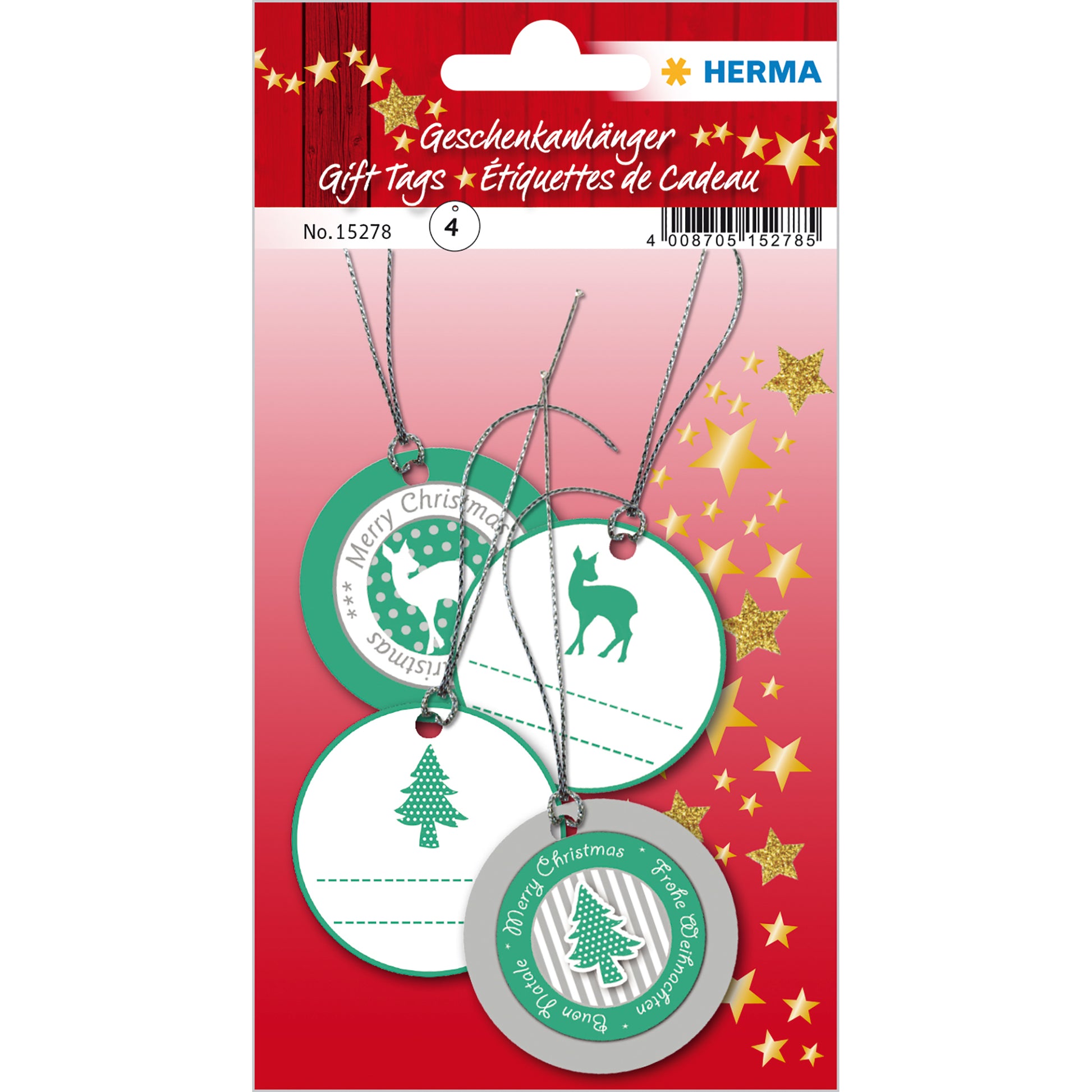 HERMA Geschenketiketten – Weihnachten – 4 Anhänger – Papier, 3D-Oberfläche – Ø 50 mm – Grün/Silber