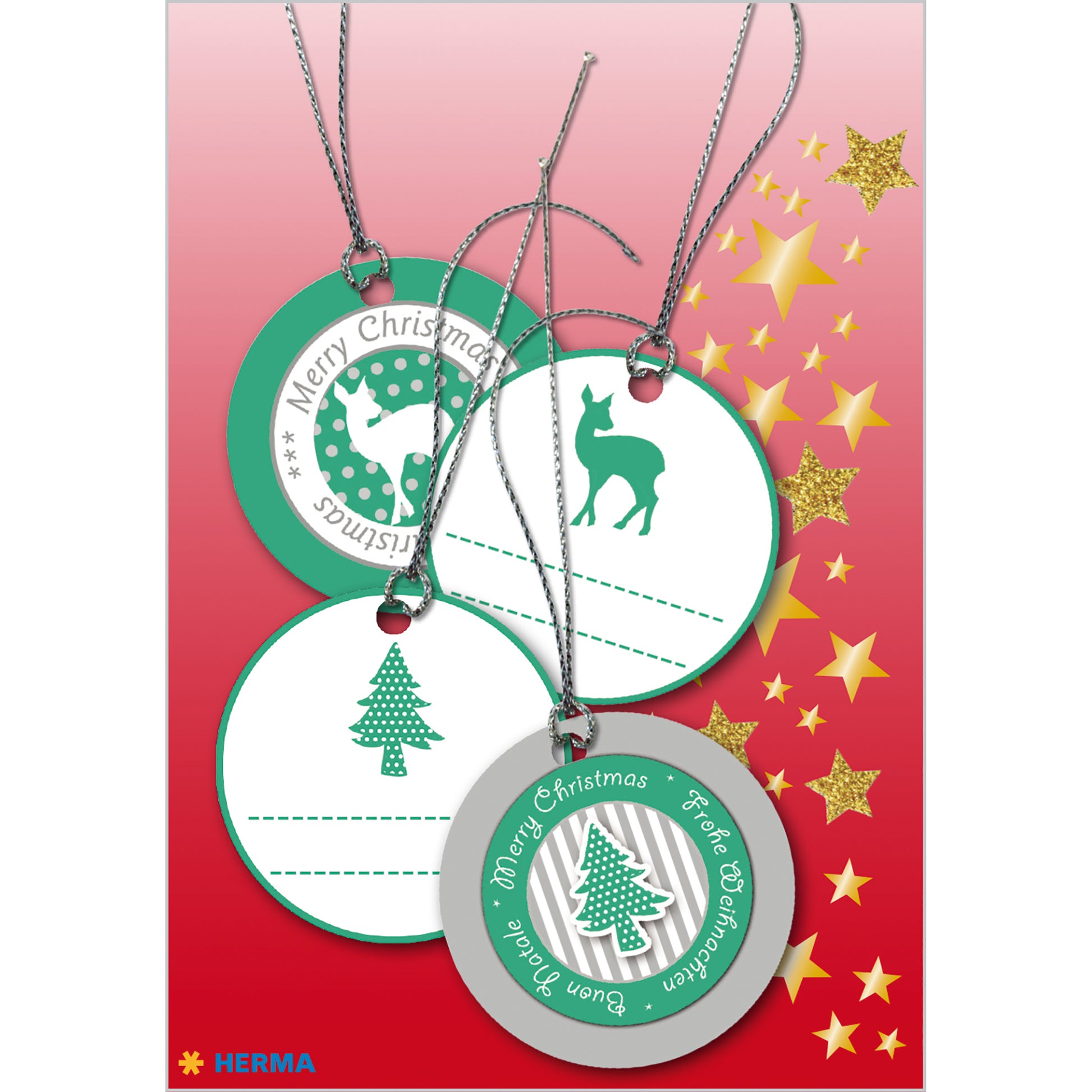 HERMA Geschenketiketten – Weihnachten – 4 Anhänger – Papier, 3D-Oberfläche – Ø 50 mm – Grün/Silber