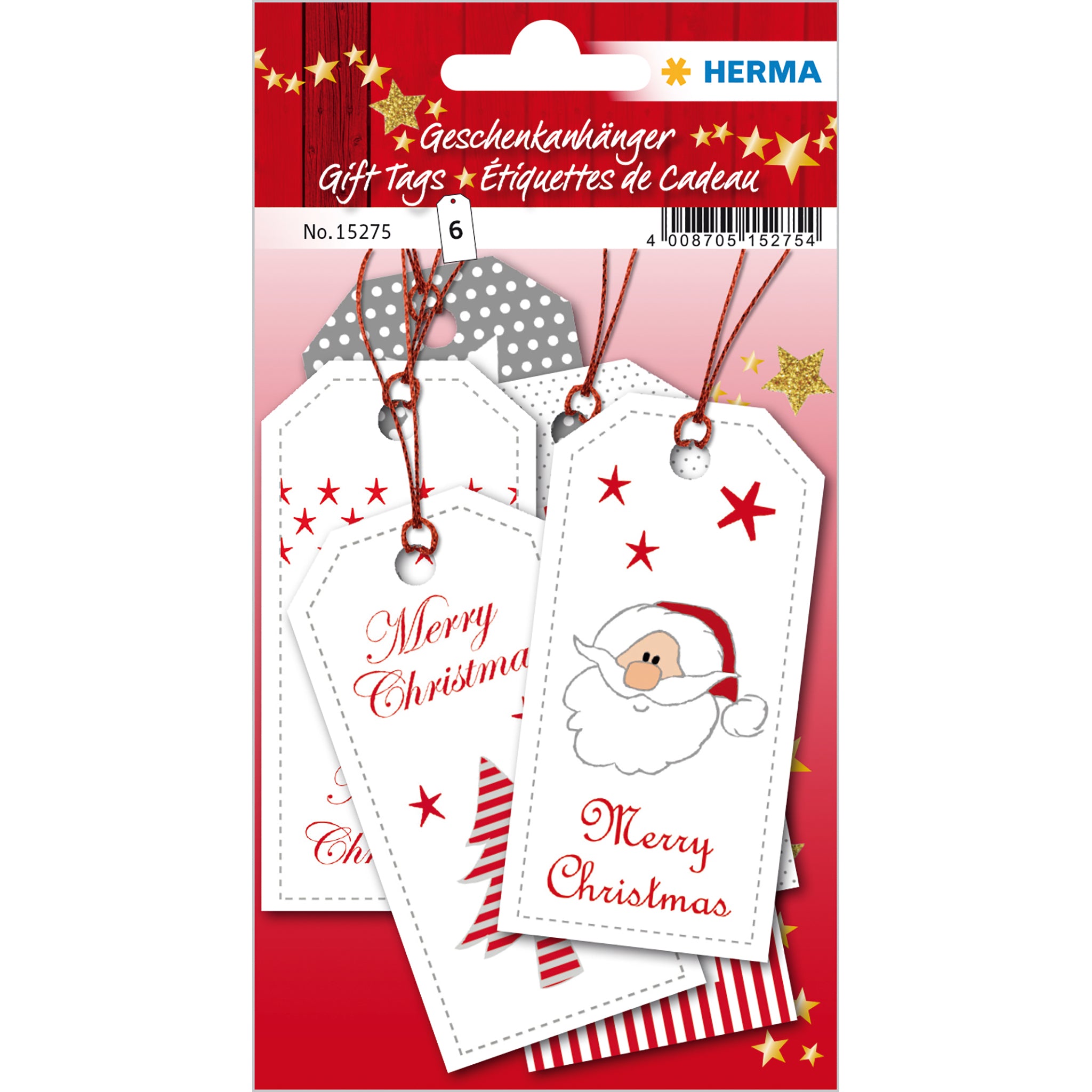 HERMA Geschenkanhänger – Weihnachten, Papier, 80 × 40 mm, rechteckig, rot, mit Faden, 6 Anhänger