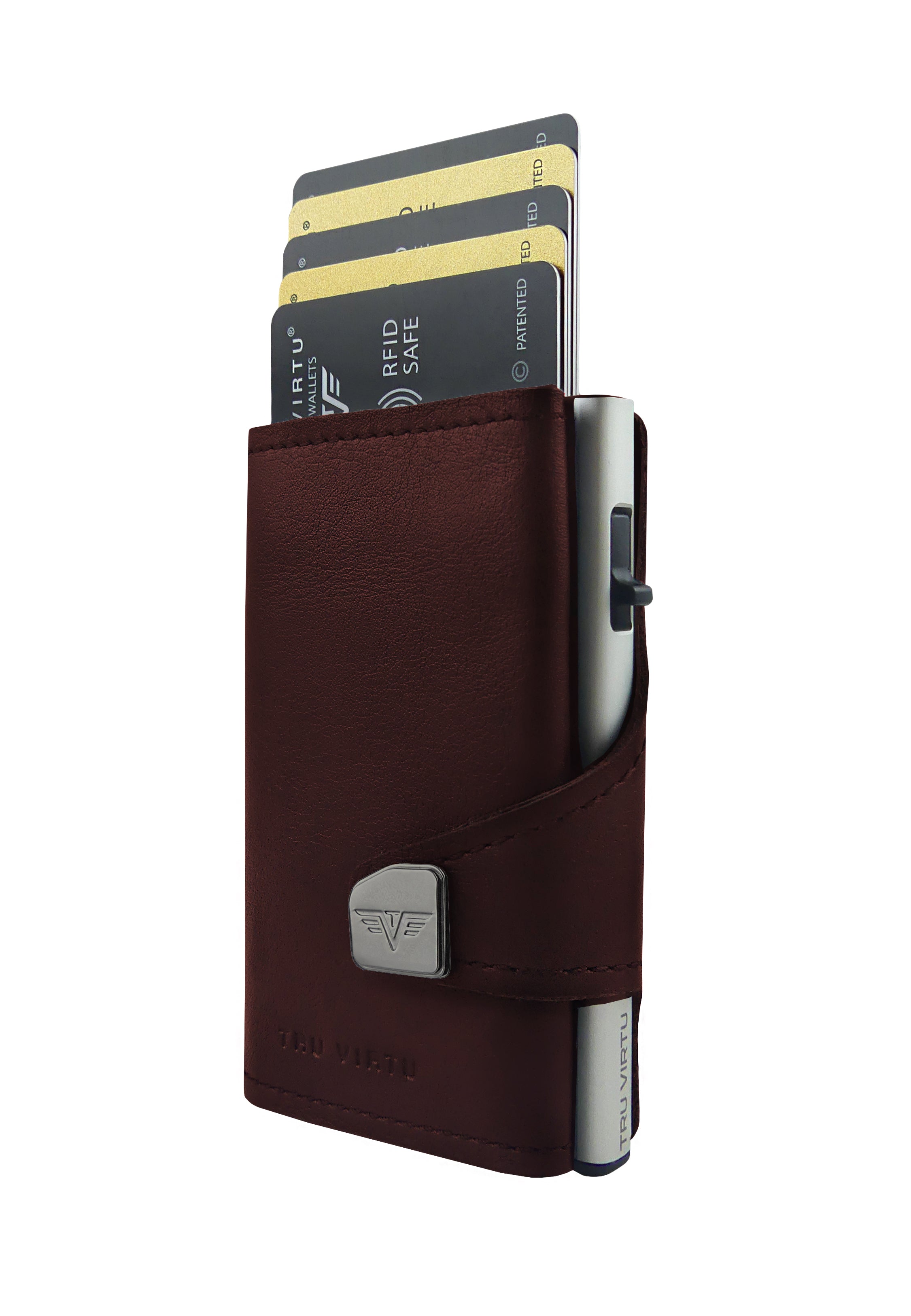 Tru Virtu – Kartenetui Click & Slide – RFID-Schutz, 5 Kartentaschen, Münzfach – 99×67×21 mm – Braun