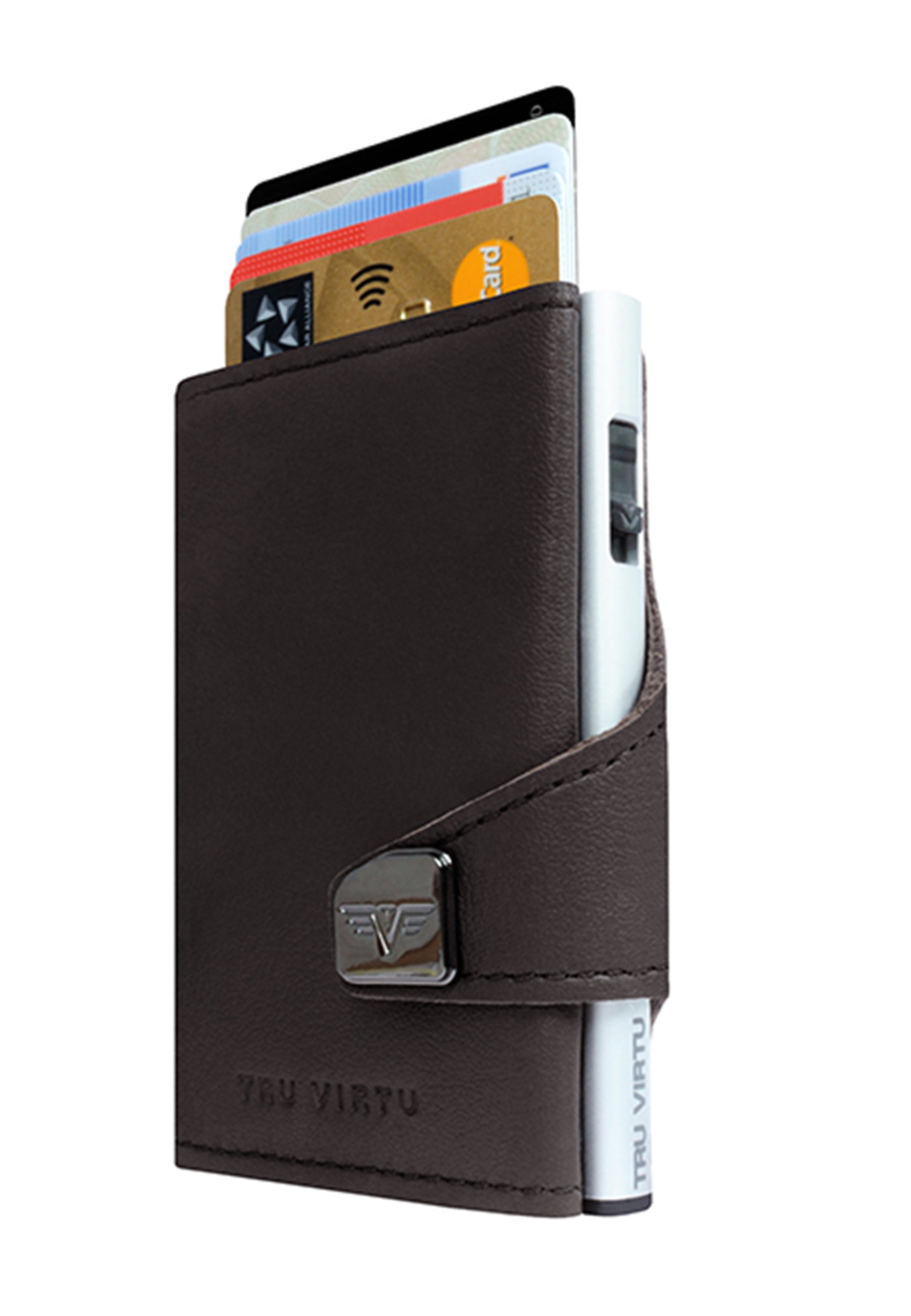 Tru Virtu – Kartenetui – RFID-Schutz, Knopfdruckverschluss, 5 Kartenfächer – 99×67×21 mm – Braun/Silber