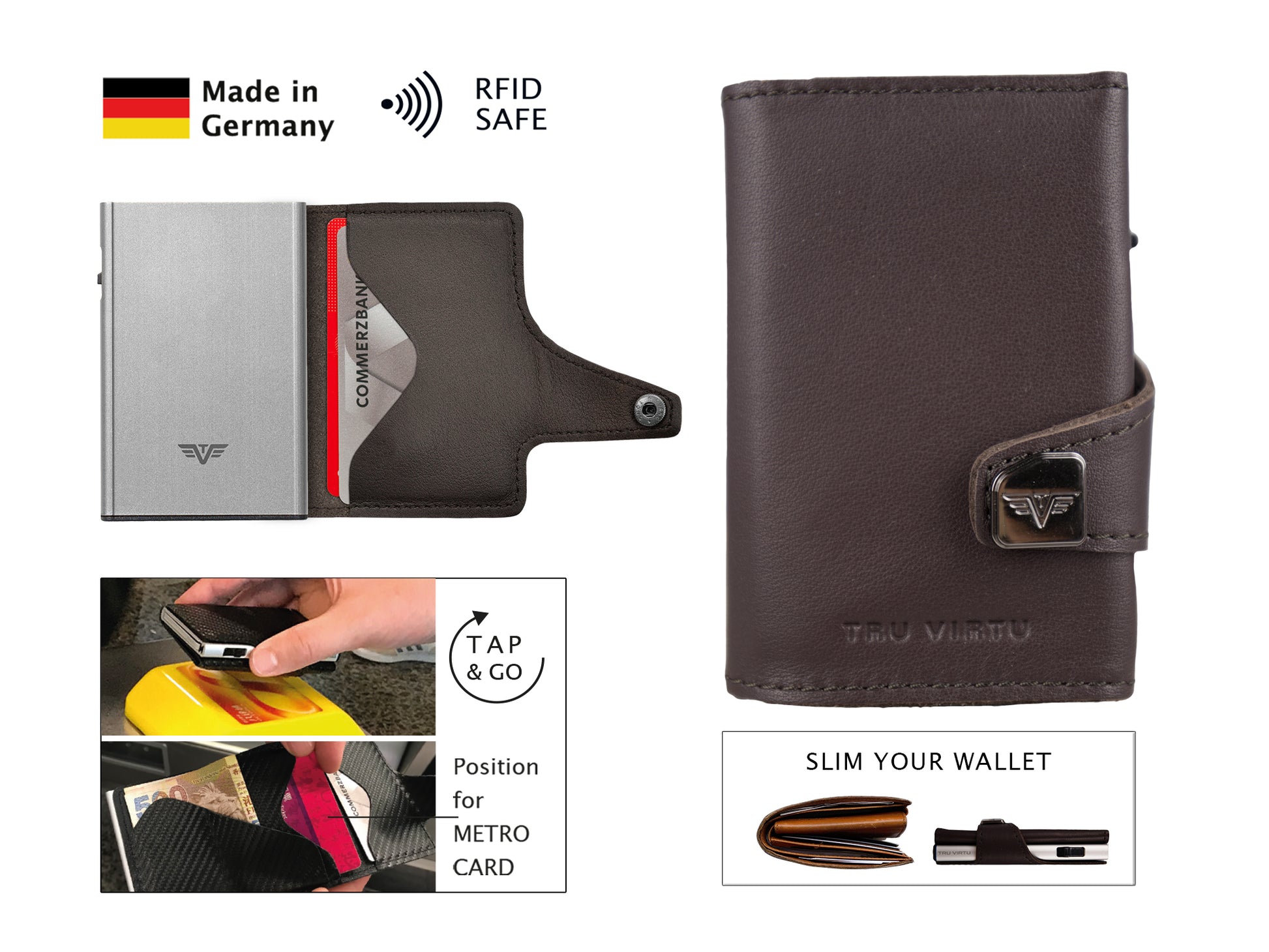 Tru Virtu – Kartenetui – RFID-Schutz, Knopfdruckverschluss, 5 Kartenfächer – 99×67×21 mm – Braun/Silber